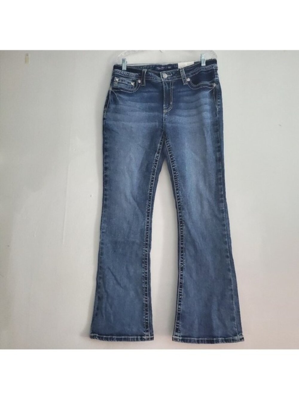 Miss Me, Winter Cross Embellished Pocket Mid-Rise Bootcut Jeans